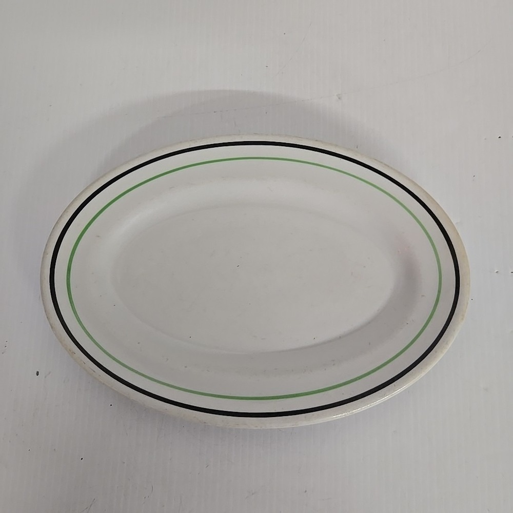 Vintage Shenango China Oval Platter Black and Green Band 11.5 Inch Ceramic